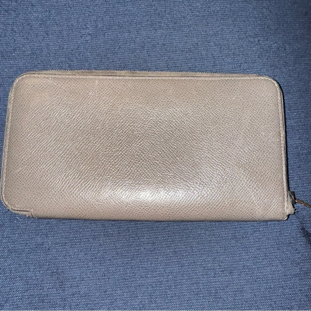 HERMES Azap Silk In Leather Zip Around Long Wallet Gray VINTAGE AUTHENTIC EUC